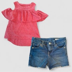 AG Kids Outfit Set – Coral Pink Ruffle Top & Denim Shorts (4T)
